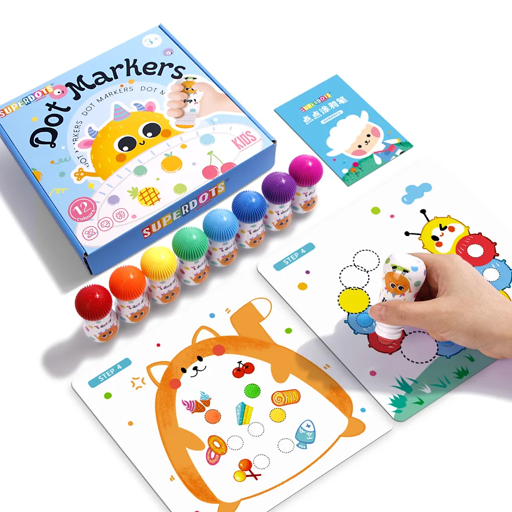 Superdots 12 Color Washable Dot Markers 18mm 25ml+12 drawing cards Set