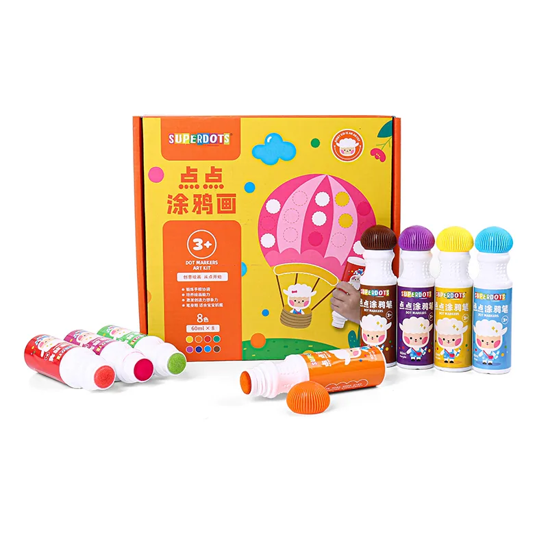Superdots 8 Color Dot Markers Threaded Cap 18mm 60ml +45sheets drawing card set