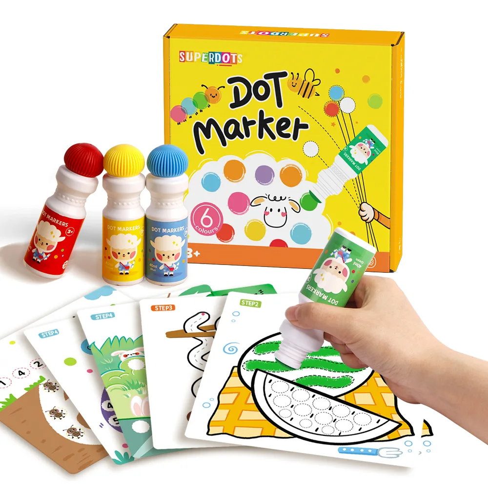 Superdots 6 Color Washable Dot Markers 18mm 40ml+12 drawing cards Set